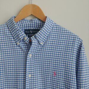 Ralph Lauren Mens XL thick sturdy 100% cotton blue checked button down shirt